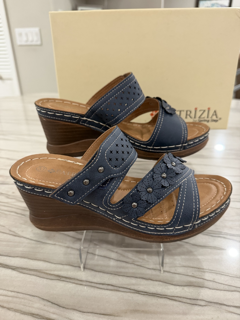Patrizia Navy Wedge Slide Sandals - Women's Comfort Heels